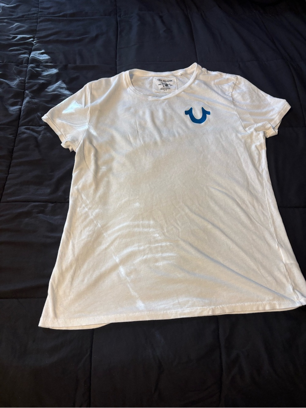 True Religion White Tee with Navy Graphic Logo